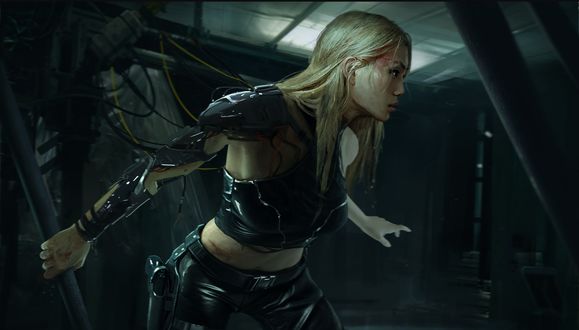 Обои на рабочий стол Светловолосая девушка-cyberpunk / киберпанк в комнате, by Nana Dhebuadze