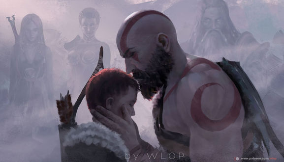 Обои на рабочий стол Kratos / Кратос из видеоигры God of War / Бог войны, by Wang Ling / Wlop