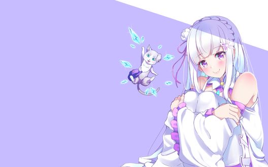 Обои на рабочий стол Emilia / Эмилия и Puck / Пак из аниме Re: Zero kara Hajimeru Isekai Seikatsu / Re: Жизнь в альтернативном мире с нуля