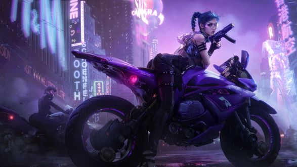 Обои на рабочий стол Девушка-Cyberpunk / Киберпанк сидит на мотоцикле в ночном городе, арт к игре Cyberpunk 2077, by tian zi