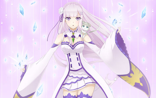 Обои на рабочий стол Emilia / Эмилия и Puck / Пак из аниме Re: Zero kara Hajimeru Isekai Seikatsu / Re: Жизнь в альтернативном мире с нуля