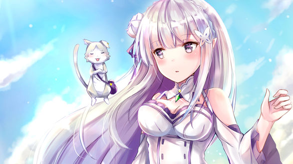 Обои на рабочий стол Emilia / Эмилия и Puck / Пак из аниме Re: Zero kara Hajimeru Isekai Seikatsu / Re: Жизнь в альтернативном мире с нуля