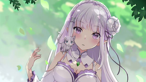 Обои на рабочий стол Emilia / Эмилия и Puck / Пак из аниме Re: Zero kara Hajimeru Isekai Seikatsu / Re: Жизнь в альтернативном мире с нуля