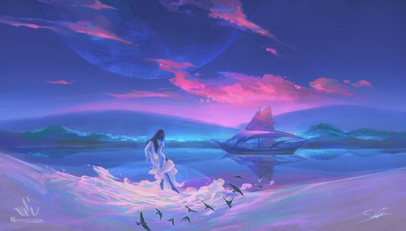 Обои на рабочий стол Девушка на берегу моря с парусником, автор Nimiszu / Shaylynn Wong