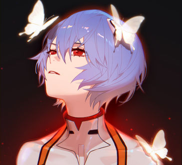 Обои на рабочий стол Ayanami Rei / Рей Аянами из аниме Evangelion / Евангелион с бабочками на ней
