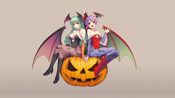 Обои на рабочий стол Морриган Энслэнд / Morrigan Aensland и Lilith Aensland празднуют halloween, сидя на тыкве, из игры Vampire / Darkstalkers, by Nyan