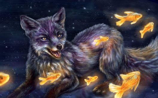 Обои на рабочий стол Лиса в окружении рыбок, by Anirysel