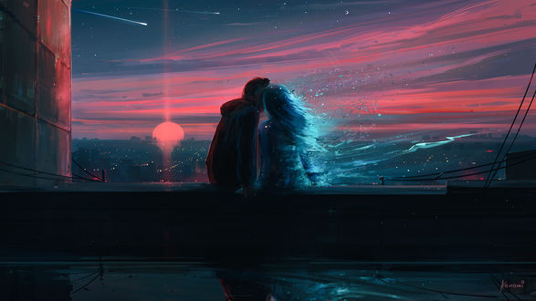 Обои на рабочий стол Парень целуется с девушкой на крыше здания, by Alena Aenami