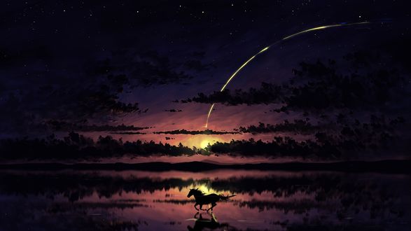 Обои на рабочий стол Лошадь на воде на фоне ночного облачного неба, by BisBiswas