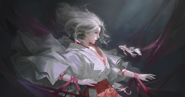 Обои на рабочий стол Девушка в кимоно смотрит на рыбку, by chen sihan