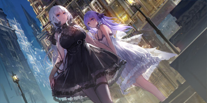 Обои на рабочий стол Девушки Unicorn и Illustrious в ночном городе, аниме Azur Lane