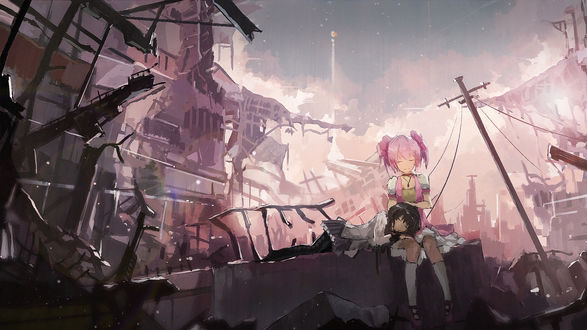 Обои на рабочий стол Мадока Канамэ / Madoka Kaname и Homura Akemi / Хомура Акеми из аниме Девочка-Волшебница Мадока Магика / Mahou Shoujo Madoka Magica, by Novelance