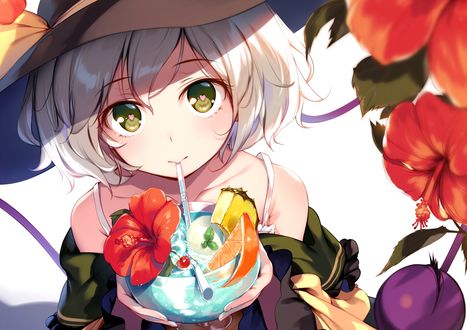 Обои на рабочий стол Komeiji Koishi / Койши Комейдзи пьет коктейль через трубочку, персонаж из серии компьютерных игр Touhou Project / «Проект «Восток»», art by ke-ta