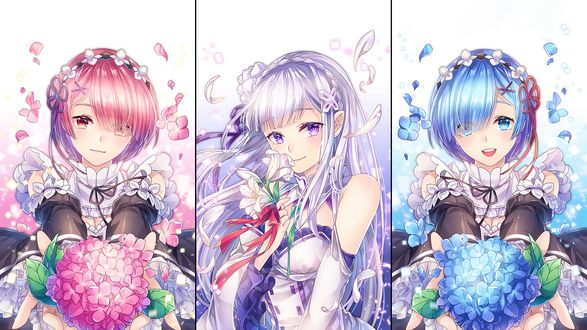 Обои на рабочий стол Ram / Рам, Emilia / Эмилия и Rem / Рем из аниме Re:Zero kara Hajimeru Isekai Seikatsu / Re:Zero. Жизнь с нуля в альтернативном мире