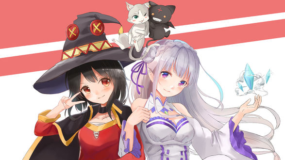 Обои на рабочий стол Megumin / Мэгумин и Chomusuke / Чомуске из аниме Kono Subarashii Sekai ni Shukufuku wo!/Этот замечательный мир, Emilia / Эмилия и Puck / Пак из аниме Re: Zero kara Hajimeru Isekai Seikatsu / Re: Жизнь в альтернативном мире с нуля