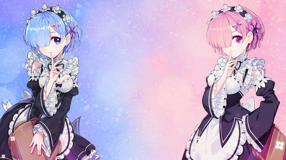 Обои на рабочий стол Ram / Рам и Rem / Рем из аниме Re:Zero kara Hajimeru Isekai Seikatsu / Re:Zero. Жизнь с нуля в альтернативном мире