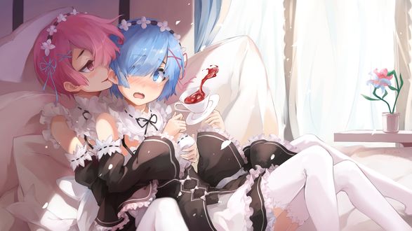 Обои на рабочий стол Ram / Рам и Rem / Рем из аниме Re:Zero kara Hajimeru Isekai Seikatsu / Re:Zero. Жизнь с нуля в альтернативном мире
