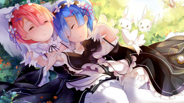 Обои на рабочий стол Ram / Рам и Rem / Рем из аниме Re:Zero kara Hajimeru Isekai Seikatsu / Re:Zero. Жизнь с нуля в альтернативном мире