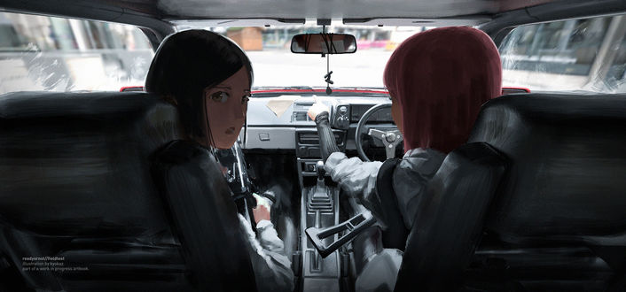 Обои на рабочий стол Две девушки в салоне автомобиля, anime original by Faiz Azhar