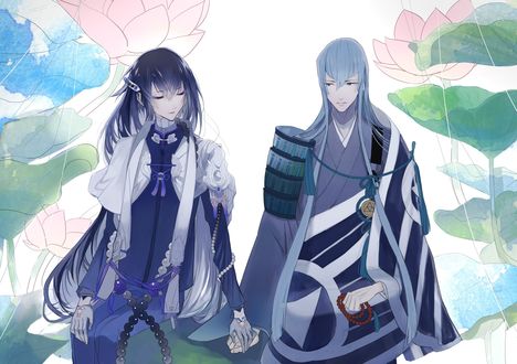 Обои на рабочий стол Двое среди лотосов, персонажи из игры Touken Ranbu / Танец Мечей