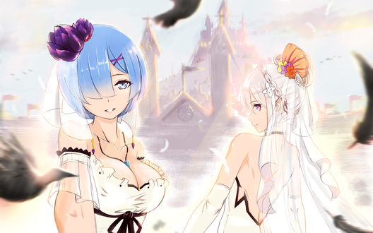 Обои на рабочий стол Emilia / Эмилия и Rem / Рем из аниме Re:Zero kara Hajimeru Isekai Seikatsu / Re:Zero. Жизнь с нуля в альтернативном мире