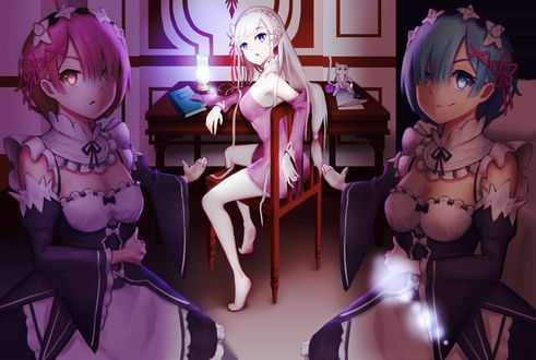 Обои на рабочий стол Ram / Рам, Emilia / Эмилия, Rem / Рем и Puck / Пак из аниме Re:Zero kara Hajimeru Isekai Seikatsu / Re:Zero. Жизнь с нуля в альтернативном мире