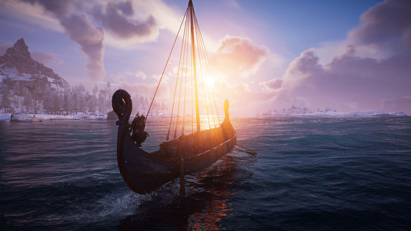 Обои на рабочий стол Корабль викингов на воде из игры Assassin’s Creed Valhalla