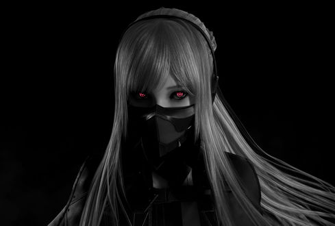 Обои на рабочий стол Девушка - cyberpunk / киберпанк с красными глазами в маске, автор Kim Yeong Gyu
