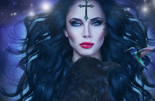 Обои на рабочий стол Девушка с крестом на лбу стоит перед вороном, by annemaria48