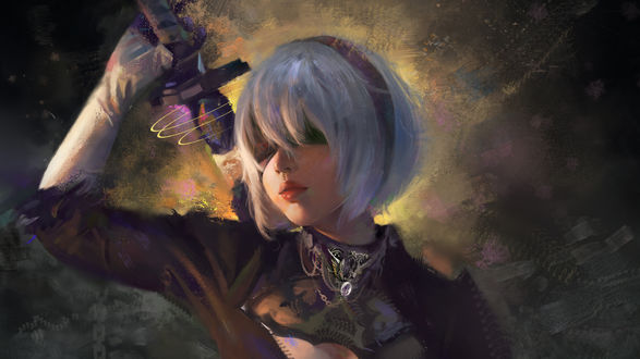 Обои на рабочий стол Художественный портрет девушки YoRHa №2 тип B из видеоигры NieR: Automata