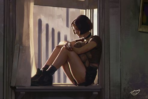 Обои на рабочий стол Mathilda / Матильда сидит на окне, фильм leon / Леон, by Conluoi