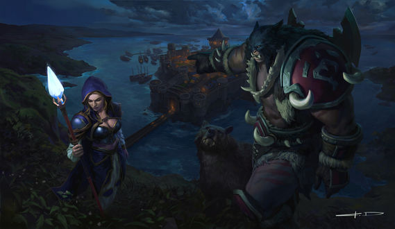Обои на рабочий стол Jaina Proudmoore / Джайна Праудмур и Rexxar / Рексар из игры World of Warcraft / Мир военного ремесла, by Stanton Feng