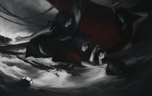 Обои на рабочий стол Темноволосые девушки в море во время шторма, by Jeszika Le Vye