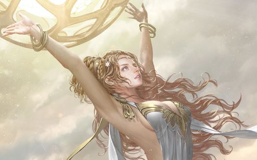Обои на рабочий стол Длинноволосая богиня подняла руки к небу, арт к игре Legend of the Cryptids, by Donfoo