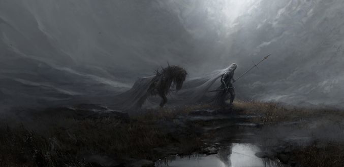 Обои на рабочий стол Восставшие из мертвых король и конь идут по земле, by Artem Demura