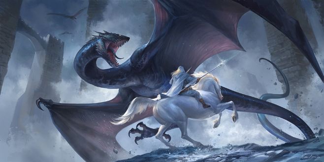 Обои на рабочий стол Gandalf / Гендальф в битве с драконом, арт к кинотрилогии The Lord of the Rings / Властелин колец, by Sandara Tang