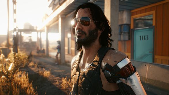 Обои на рабочий стол Мужчина - киборг в очках, персонаж из видеоигры Cyberpunk 2077 / Киберпанк 2077