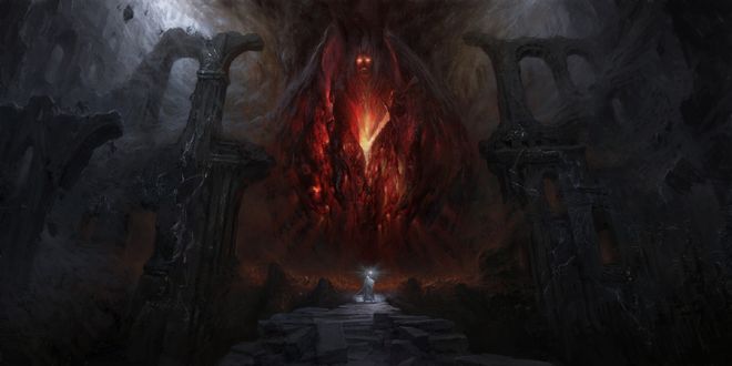 Обои на рабочий стол Gandalf / Гендальф стоит перед демоном Balrog / Балрогом, арт к кинотрилогии The Lord of the Rings / Властелин колец, by Artem Demura