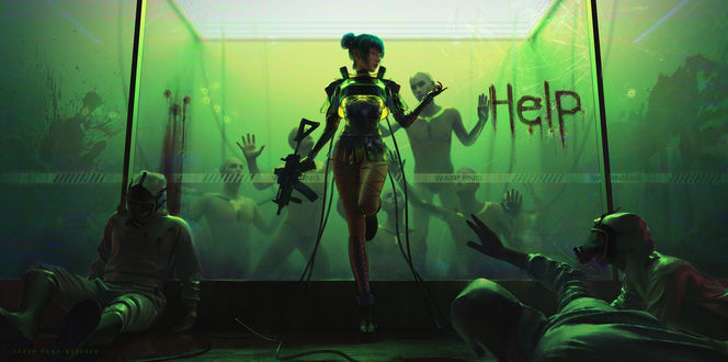 Обои на рабочий стол Девушка-киборг с автоматом в руке, арт к игре Cyberpunk 2077 / Киберпанк 2077, by Aihong Huang