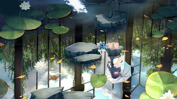 Обои на рабочий стол Отражение девушки с зонтиком в воде, by. L. L