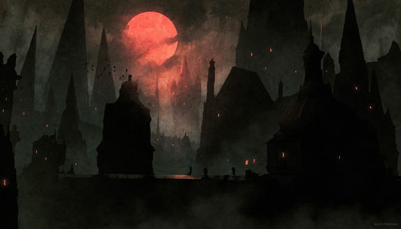 Обои на рабочий стол Красная луна над ночным замком, фан арт по видеоигре Bloodborne by Anato Finnstark