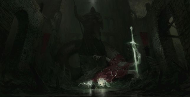 Обои на рабочий стол Проклятый король смотрит на воина в разрушенном замке, by Artem Demura