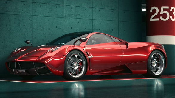 Обои на рабочий стол Красный родстер Pagani Huayra, by Dmitriy Ten