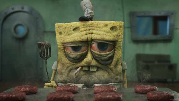 Обои на рабочий стол SpongeBob SquarePants / Губка Боб Квадратные Штаны жарит гамбургесы из мультсериала Губка Боб Квадратные Штаны, by Yan Blanco
