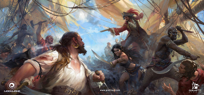 Обои на рабочий стол Бой пиратов на палубе корабля, арт к игре Ultimate Pirates, by Grafit Studio