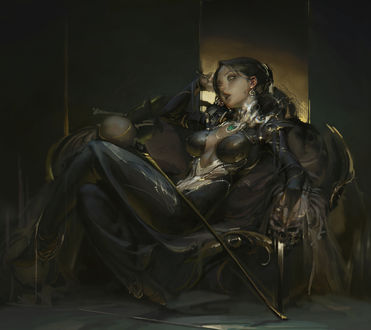 Обои на рабочий стол Правительница отдыхает, сидя на скамье, by XIA_YU XIA_YU