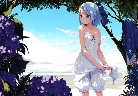 Обои на рабочий стол Фея Cirno / Чирно стоя под дождем выкручивает на себе мокрую одежду из серии компьютерных игр Тохо / Touhou Project (художник ke-ta)