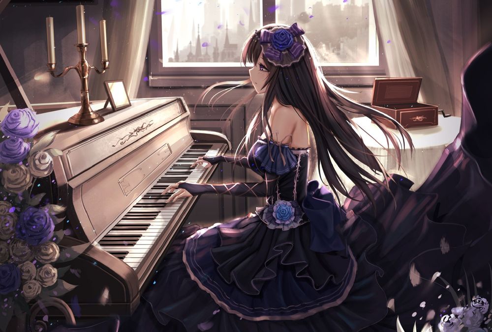 Обои для рабочего стола Персонаж Shirokane Rinko / Широканэ Ринко сидит за роялем