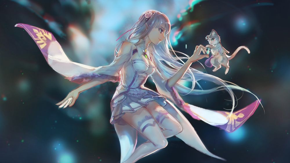 Обои для рабочего стола Emilia / Эмилия и Puck / Пак из аниме Re: Zero kara Hajimeru Isekai Seikatsu / Re: Жизнь в альтернативном мире с нуля
