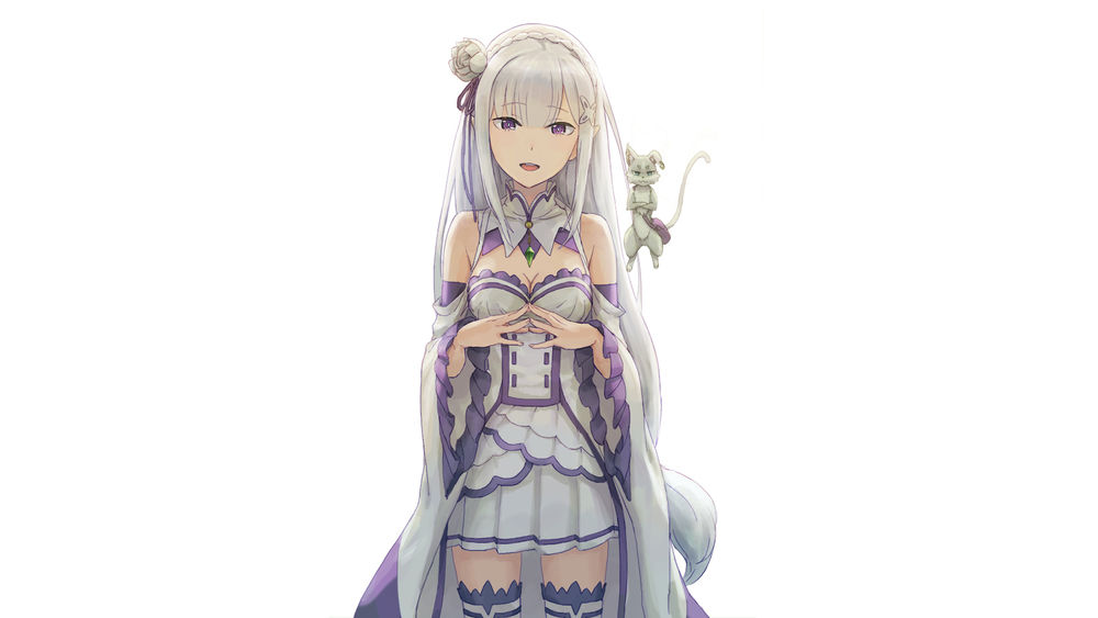 Обои для рабочего стола Emilia / Эмилия и Puck / Пак из аниме Re: Zero kara Hajimeru Isekai Seikatsu / Re: Жизнь в альтернативном мире с нуля